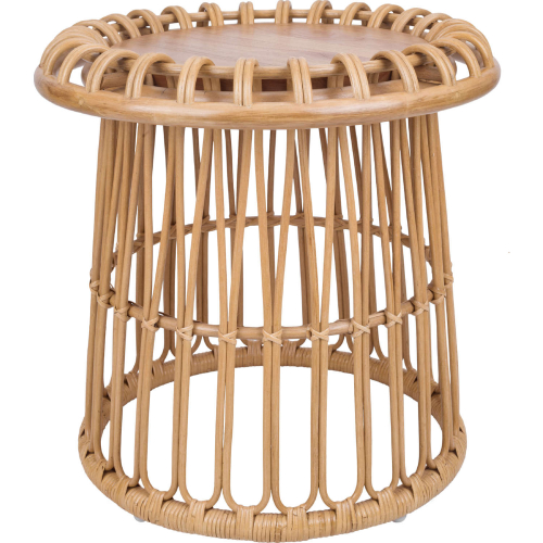 Galia Round Side End Table in Honey Brown Wood & Rattan